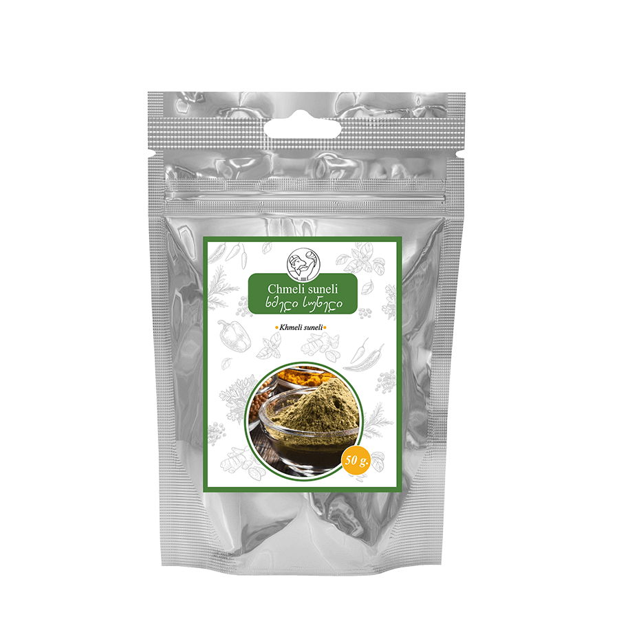 Eine Packung der aromatischen georgischen Gewürzmischung Khmeli Suneli - 50 g für herzhafte Speisen.