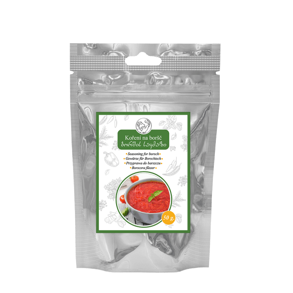 Sachet zip argenté de 50 g de mélange d’épices pour bortsch, avec étiquette multilingue et photo d’un bol de soupe rouge au basilic.