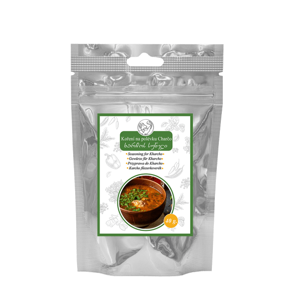 Sachet doypack argenté refermable de 40 g d’assaisonnement pour soupe kharcho, avec étiquette verte illustrée d’un bol de soupe et textes multilingues.