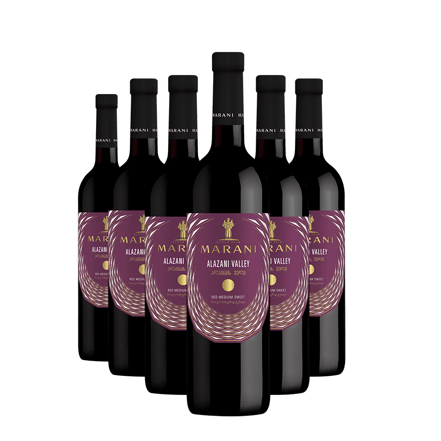 6× ALAZANI VALLEY lieblicher Rotwein Alazani Valley Roter halbsüßer Wein. Fruchtiger, weicher georgischer Rotwein mit Noten von Kirsche und Pflaume, perfekt zu Geflügel, Käse oder Desserts. 6x Vallée d'Alazani