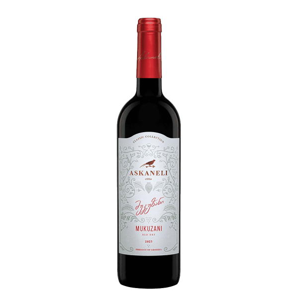 Eine Flasche Askaneli MUKUZANI Rotwein trocken - 2024 - 0,75 l, ein traditioneller georgischer Saperavi.