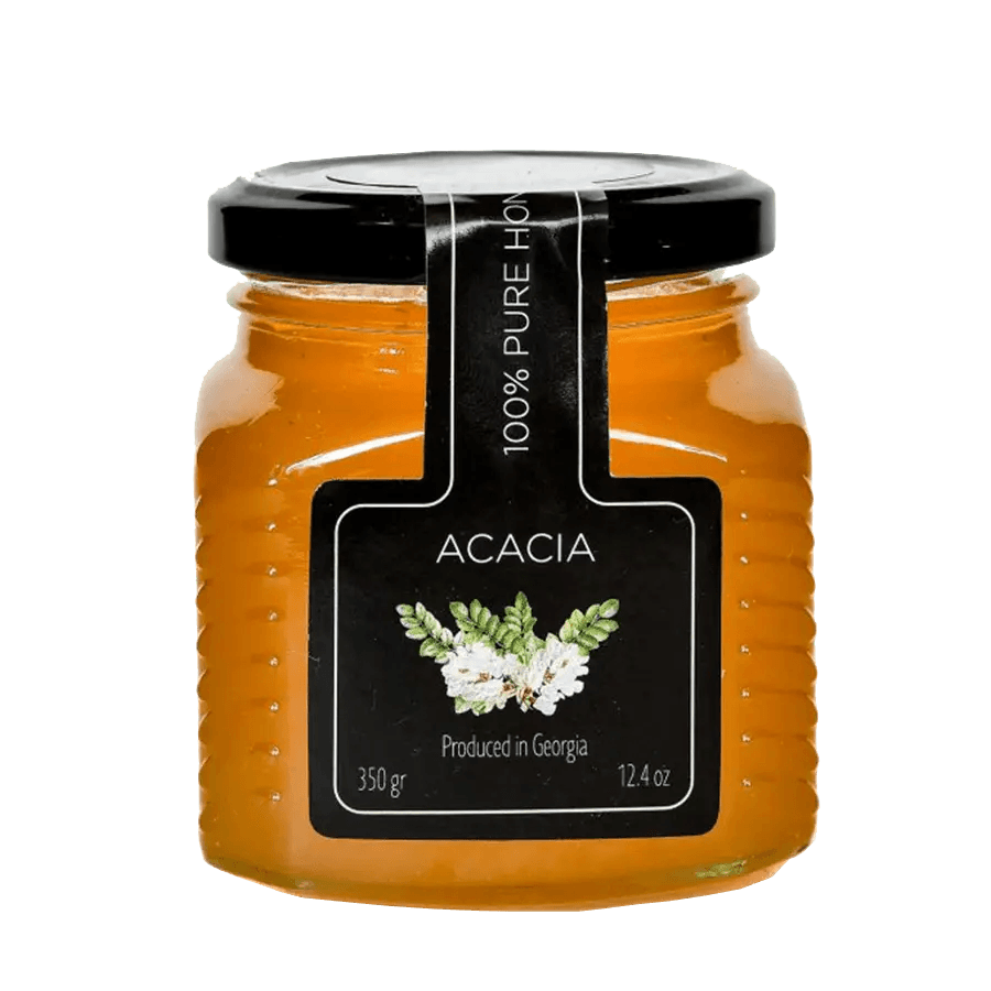 Akazienhonig – 350 g Georgischer Akazienhonig – hell, blumig und langsam kristallisierend. Ein milder, natürlicher Süßstoff für den täglichen Gebrauch. 350-g-Glas. Akazienhonig – 350 g