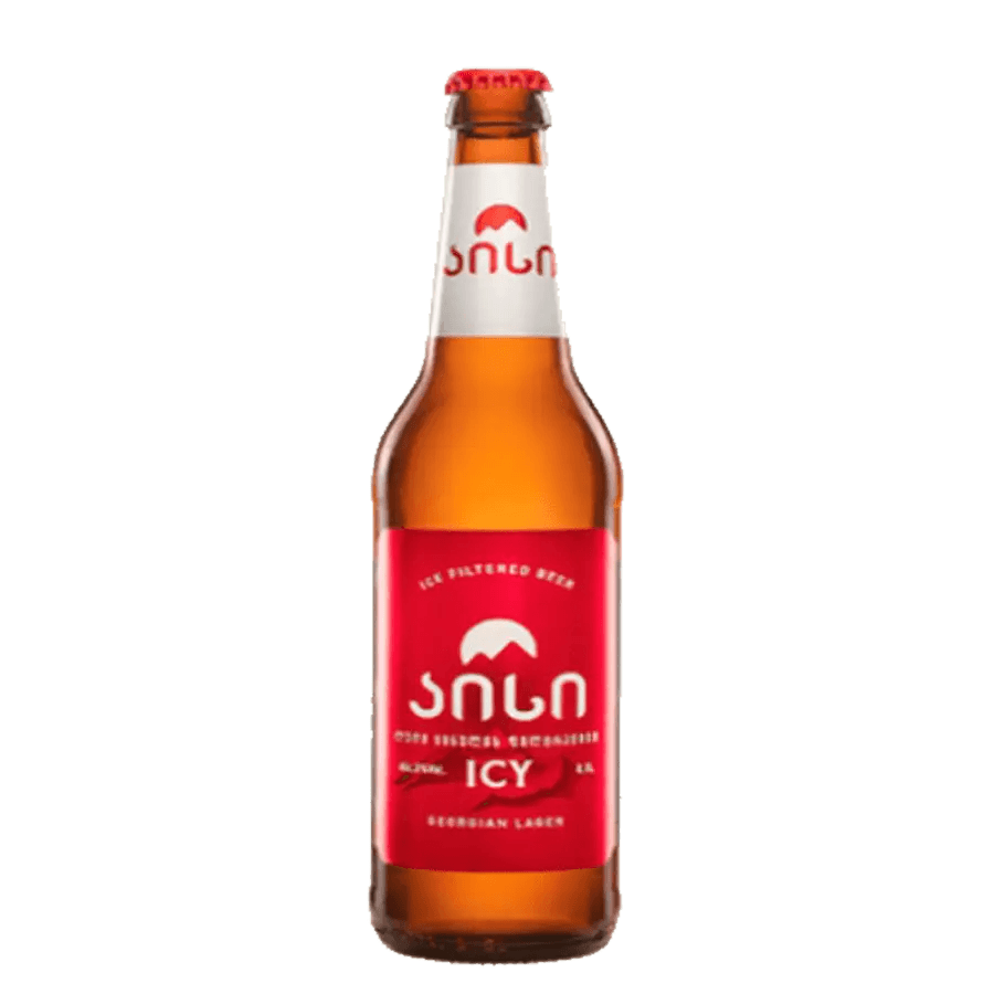 Georgisches Bier ICY 11° – 5 % Alk – 0,45 l ICY Georgian Beer – 5 % Alkoholgehalt, eisfiltertes Lagerbier mit reinem Geschmack und lang anhaltender Frische. 0,45-l-Flasche. Erfrischendes Georgisches Bier ICY 11° – 5 % Alk – 0,45 l mit heller, goldener Farbe.