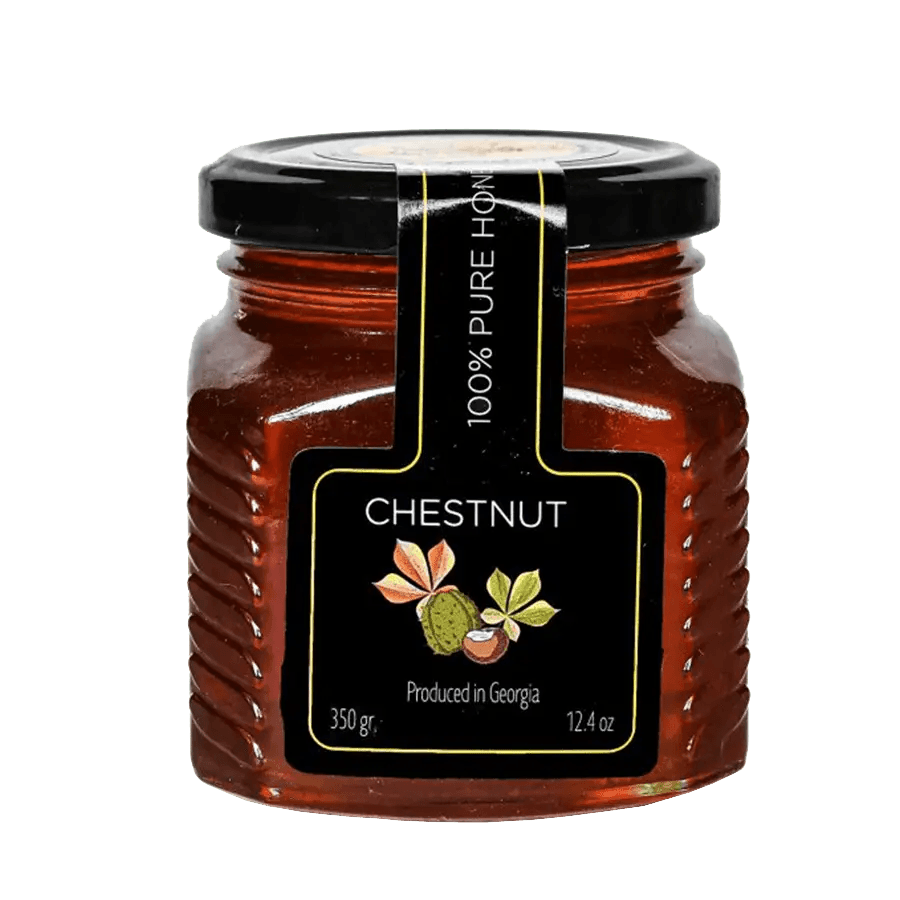 Kastanienhonig Lamaria – 350 g Lamaria Kastanienhonig – kräftiger, dunkler georgischer Honig mit einem reichhaltigen, leicht bitteren Geschmack. Roh und ungefiltert. 350-g-Glas. Kastanienhonig Lamaria – 350 g