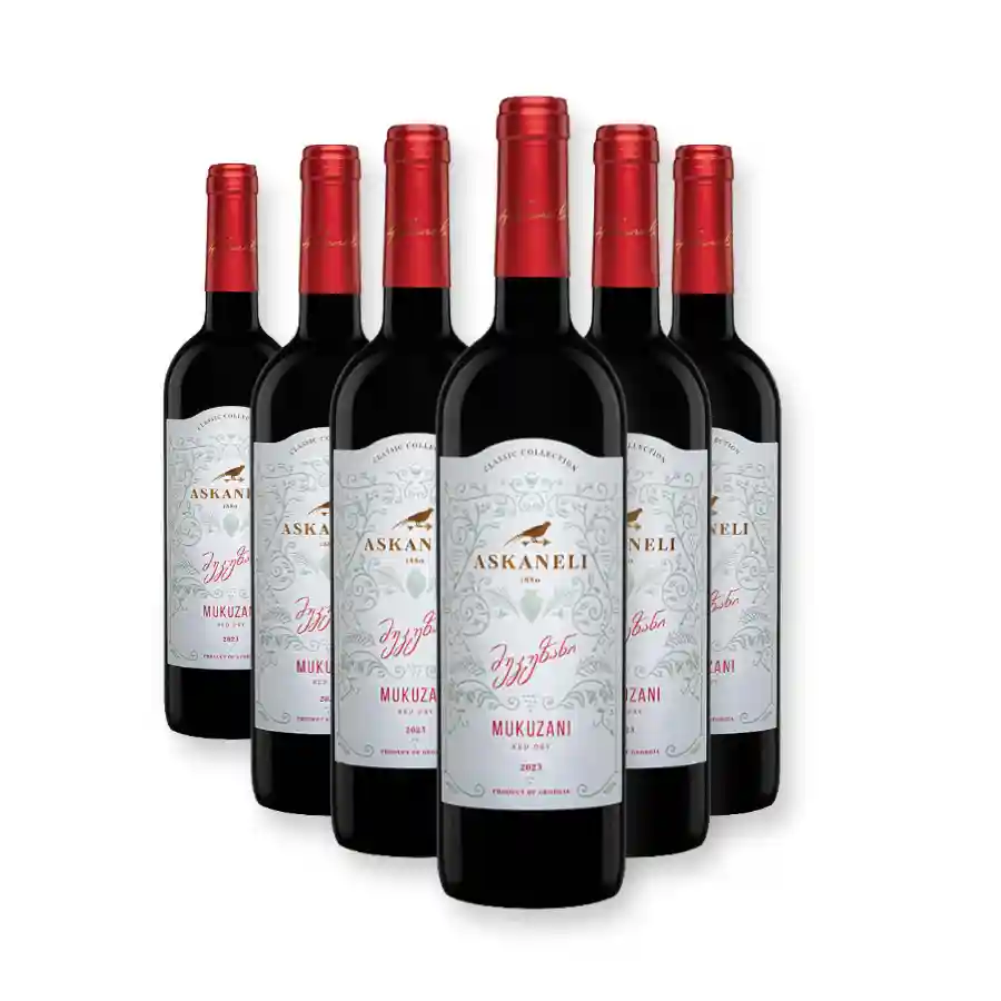 6x Askaneli MUKUZANI Rotwein trocken Sechs Flaschen Mukuzani von Askaneli, eine der berühmtesten georgischen Appellationen für trockene Rotweine aus 100% Saperavi. Im Eichenfass gereift, gewinnt er vollen Körper, samtige Tannine und ein Aroma von Backpflaumen mit einem Hauch Vanille. 6x Askaneli MUKUZANI Rotwein trocken