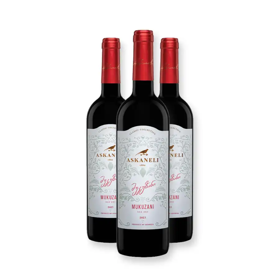 3x Askaneli MUKUZANI Rotwein trocken Drei Flaschen der geschützten Appellation Mukuzani — die ideale Einführung in eichenfassgereiften georgischen Saperavi. Ein perfektes Format für die erste Begegnung mit der Komplexität dieses legendären Weins. 3x Askaneli MUKUZANI Rotwein trocken