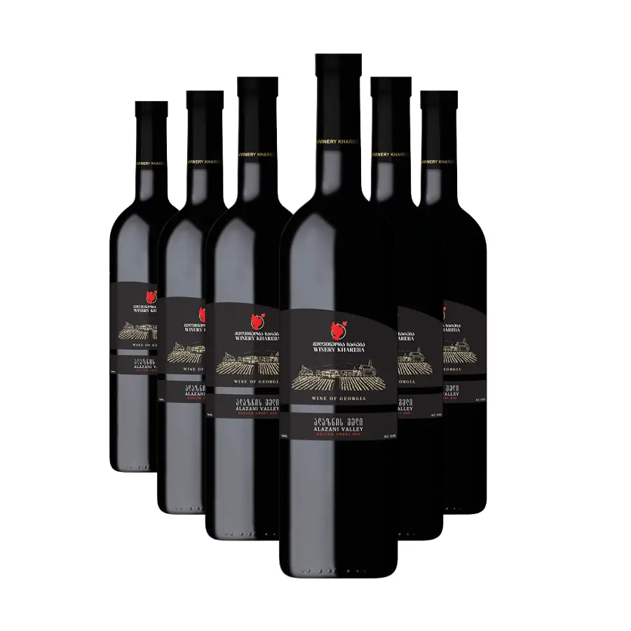 6x Khareba ALAZANI VALLEY lieblicher Rotwein Sechs Flaschen Alazani Valley halbsüßer Rotwein von Khareba – hergestellt aus 100% Saperavi-Trauben, einer der besten georgischen Rotweinsorten. Tiefe Farbe, voller Körper und ein harmonisches Profil mit ausgeprägtem Sortenbukett. 6x Khareba ALAZANI VALLEY lieblicher Rotwein
