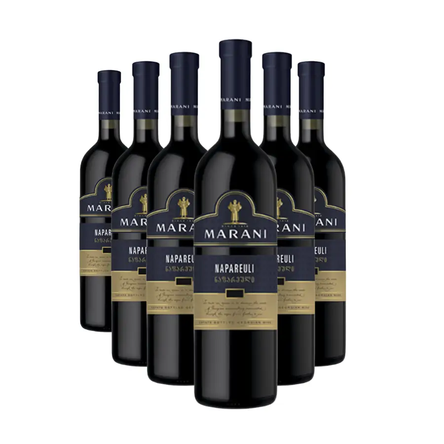 6x Marani NAPAREULI Rotwein trocken Sechs Flaschen trockener Rotwein Napareuli aus 100% Saperavi-Trauben, angebaut in der gleichnamigen Mikrozone Kachetiens. Zwölf Monate Reifung im Eichenfass verleihen dem Wein eine volle Struktur und einen komplexen Geschmack mit Lakritz- und Tabaknoten. 6x Marani NAPAREULI Rotwein trocken