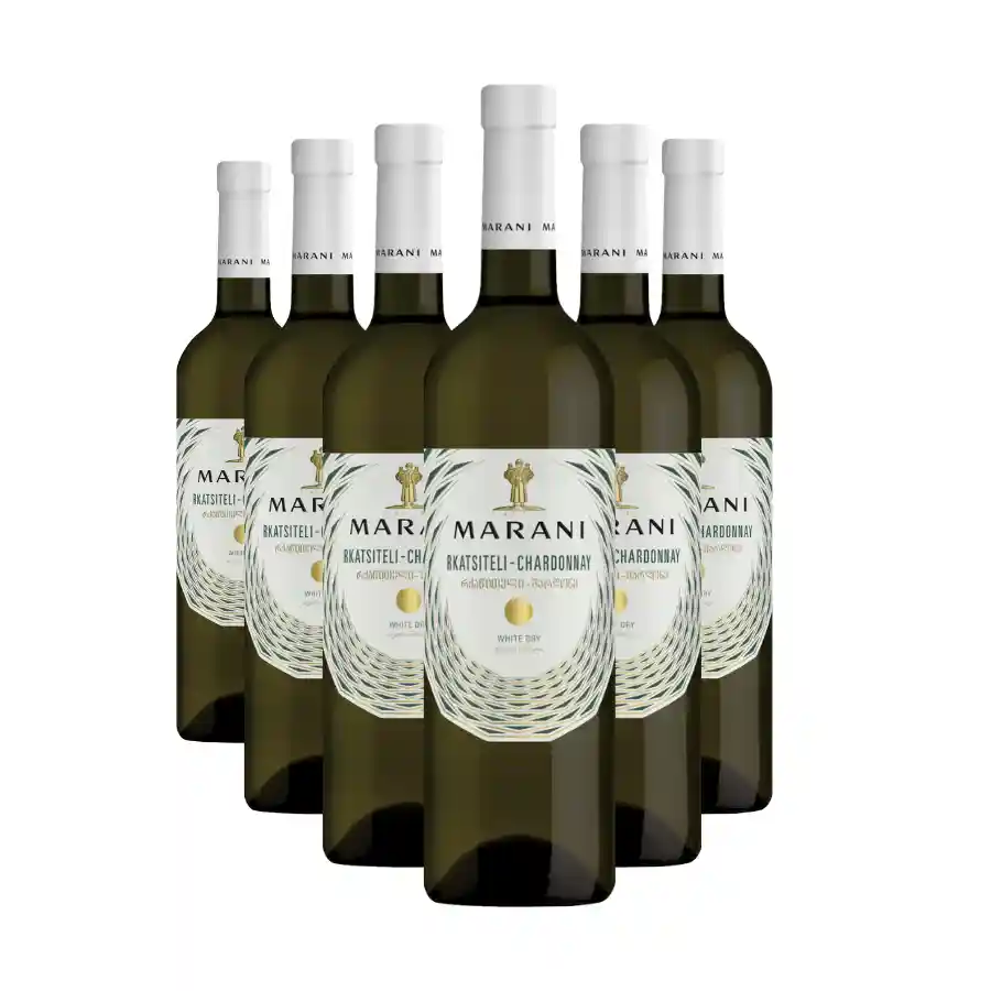 6x Marani RKATSITELI-CHARDONNAY Weißwein trocken Sechs Flaschen Rkatsiteli-Chardonnay von Marani – ein georgischer trockener Weißwein, der die charaktervolle Rebsorte Rkatsiteli (70%) mit dem weltberühmten Chardonnay (30%) kombiniert. Elegante, klar strohgelbe Farbe mit grünlichen Reflexen, ein reiches, vielschichtiges Bukett aus grünem Apfel und Pfirsich, das in exotische Anklänge tropischer Früchte und zarte Blütennoten übergeht. Ein Vorrat für Liebhaber frischer Weißweine. 6x Marani RKATSITELI-CHARDONNAY Weißwein trocken