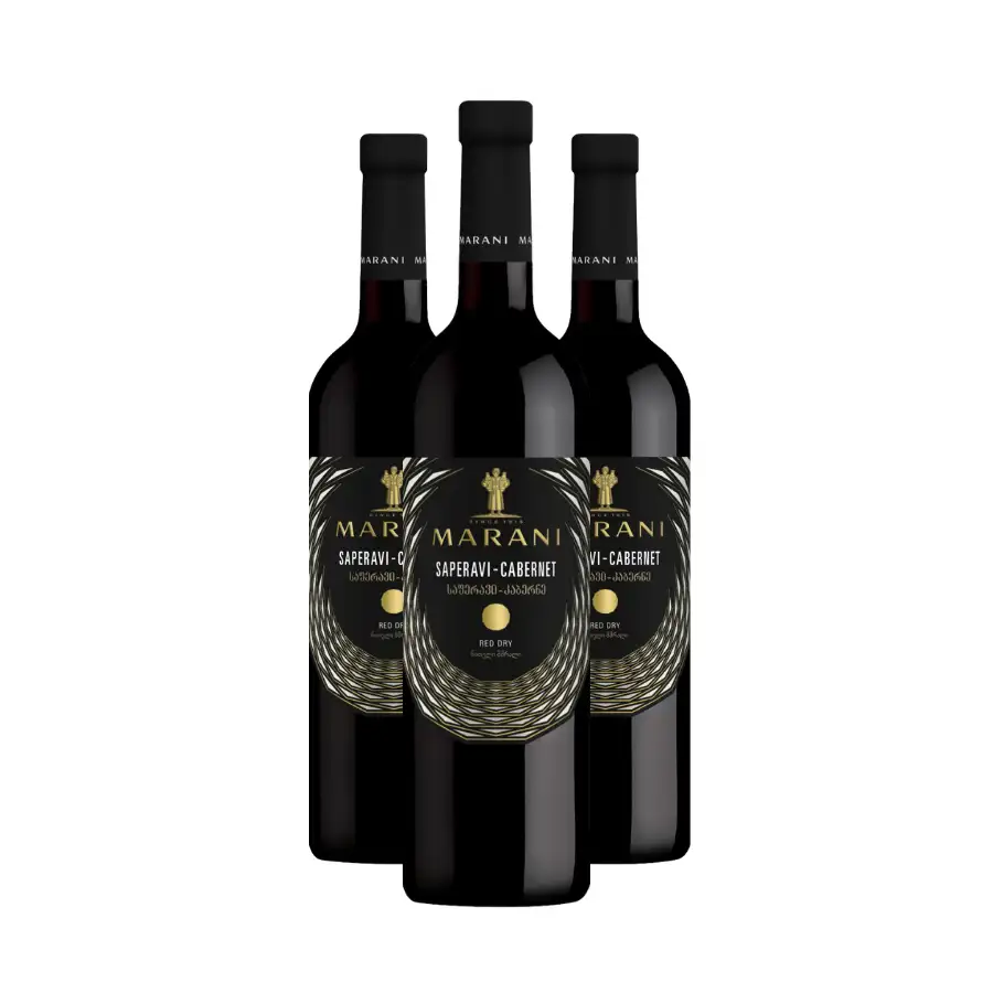3x Marani SAPERAVI CABERNET trockener Rotwein Drei Flaschen Saperavi Cabernet – eine kraftvolle Cuvée aus georgischer und bordeauxer Rebsorte aus dem Alazani-Tal in einem kleineren Format für den ersten Kontakt mit ihrem komplexen Charakter. 3x Marani SAPERAVI CABERNET trockener Rotwein