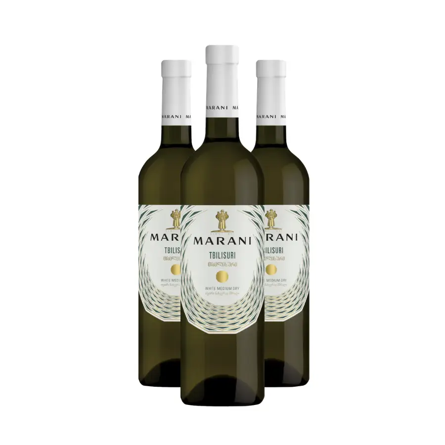 3x Marani TBILISURI weißer halbtrockener Wein Drei Flaschen Tbilisuri – ein vielseitiger halbtrockener Weißwein nach imeretischer Methode in einem kleineren Format für den ersten Kontakt mit seinem harmonischen Geschmack. 3x Marani TBILISURI weißer halbtrockener Wein