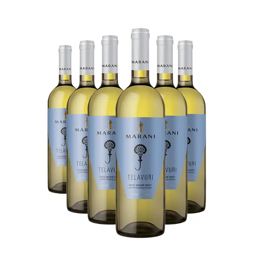 6x Marani TELAVURI lieblicher Weißwein Sechs Flaschen Telavuri halbsüßer Weißwein von Marani – ein sanfter, freundlicher, harmonischer Wein, benannt nach der historischen Stadt Telavi, dem Herzen Kachetiens, Georgiens wichtigstem Weinbaugebiet. Helle Strohfarbe mit zarten grünlichen Reflexen, ein frisches, reiches Bukett aus reifen Birnen und Quitte mit einem Hauch gelber Melone, ein samtig weicher, runder Gaumen mit elegant ausgewogener Süße. 6x Marani TELAVURI lieblicher Weißwein