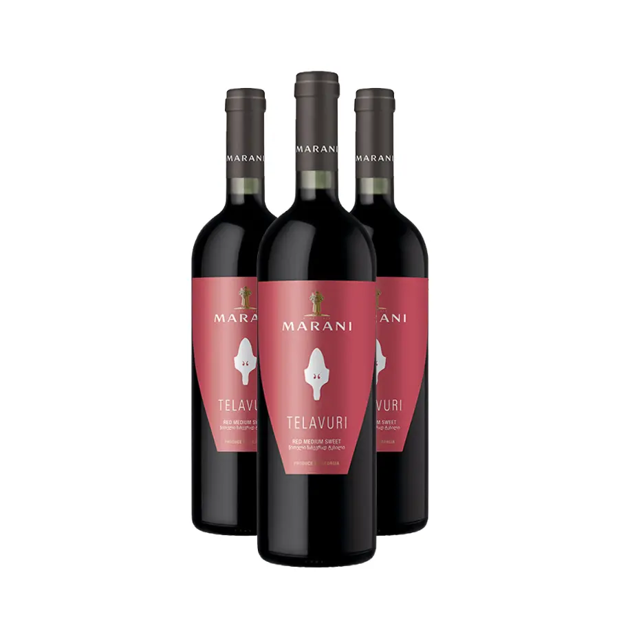 3x Marani TELAVURI lieblicher Rotwein Drei Flaschen Telavuri Rot – das ideale Format, um den vollen, aber sanften Stil des georgischen halbsüßen Weins kennenzulernen. Der fruchtige Charakter des Saperavi mit langem harmonischem Abgang. 3x Marani TELAVURI lieblicher Rotwein