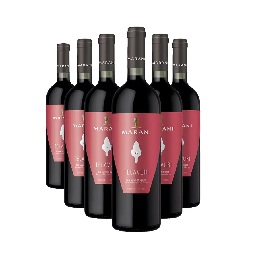 6x Marani TELAVURI lieblicher Rotwein Sechs Flaschen Telavuri halbsüßer Rotwein von Marani – ein bezaubernder Wein, aufgebaut auf dem König der georgischen Weinberge, der Saperavi-Traube. Tiefe Granatfarbe mit violetten Reflexen, intensives Aroma von reifen Kirschen und Brombeeren. 6x Marani TELAVURI lieblicher Rotwein