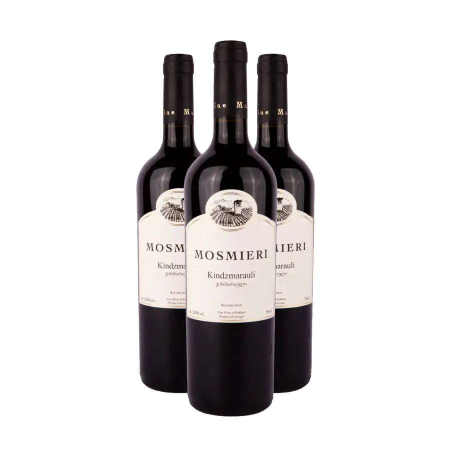 3x Mosmieri KINDZMARAULI PREMIUM lieblicher georgischer Rotwein Drei Flaschen Kindzmarauli Premium von Mosmieri – das ideale Format, um den klassischen georgischen halbsüßen Stil kennenzulernen. Samtiger Geschmack mit Noten von schwarzer Kirsche, Pflaume und leichter bitterer Schokolade, abgerundet durch ein Aroma von schwarzer Johannisbeere und Gewürzen. 3x Mosmieri KINDZMARAULI PREMIUM lieblicher georgischer Rotwein