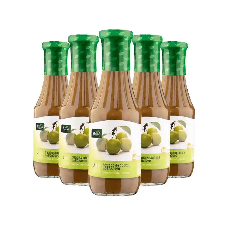 5x Nena – Tkemali Grün Fünf Flaschen der beliebten georgischen Pflaumensoße Nena Tkemali Grün, je 540 ml – ein guter Vorrat für viele Monate. 5x Nena – Tkemali Grün