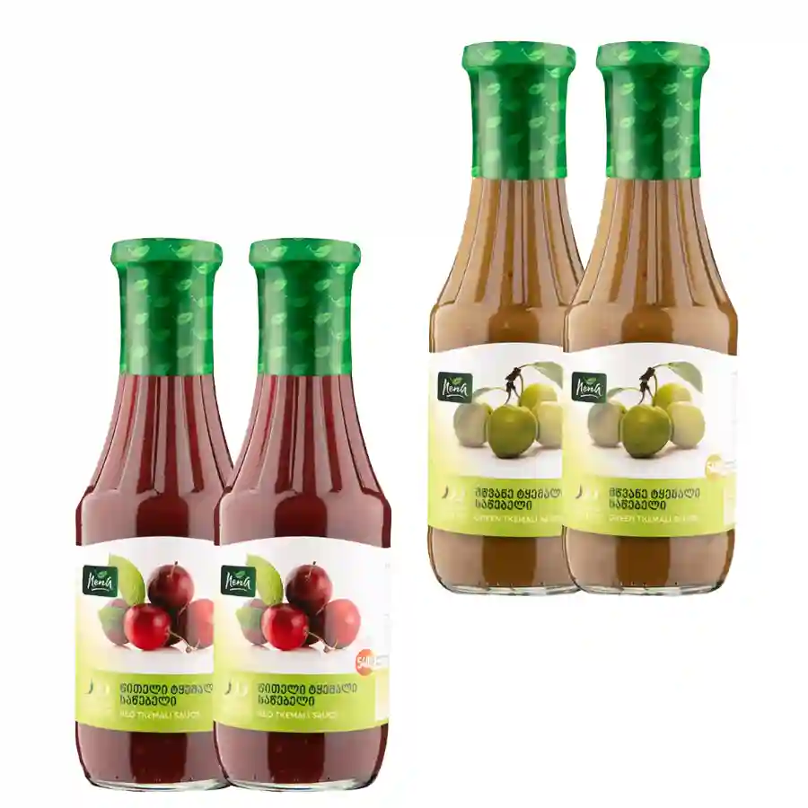 Nena Tkemali 540 ml – Misch-Set 2× rot und 2× grün Vier Flaschen Nena Tkemali 540 ml in der idealen Kombination – zwei rote und zwei grüne. Der beste Weg, beide klassischen georgischen Tkemali-Sorten immer zu Hause zu haben. Nena Tkemali 540 ml – Misch-Set 2× rot und 2× grün