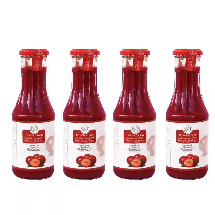 4x Tkemali Rot – 370 ml Ein Set aus vier identischen Flaschen Rotem Tkemali – einer traditionellen georgischen Sauce aus wilden roten Pflaumen/Mirabellen mit süß-saurem Geschmack. 4x Tkemali Rot – 370 ml