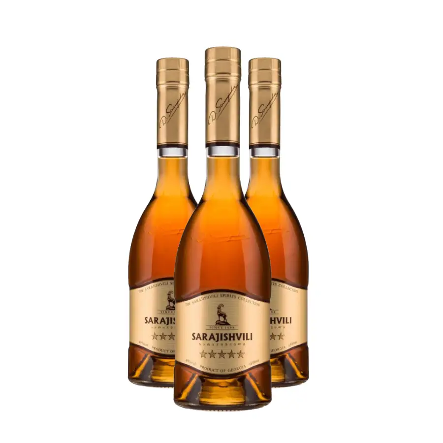 3x Georgischer Brandy Sarajishvili 5* Drei Flaschen Sarajishvili 5 Jahre Brandy, 0,5 l – der klassische georgische Brandy der ältesten und bekanntesten georgischen Marke. 3x Georgischer Brandy Sarajishvili 5*