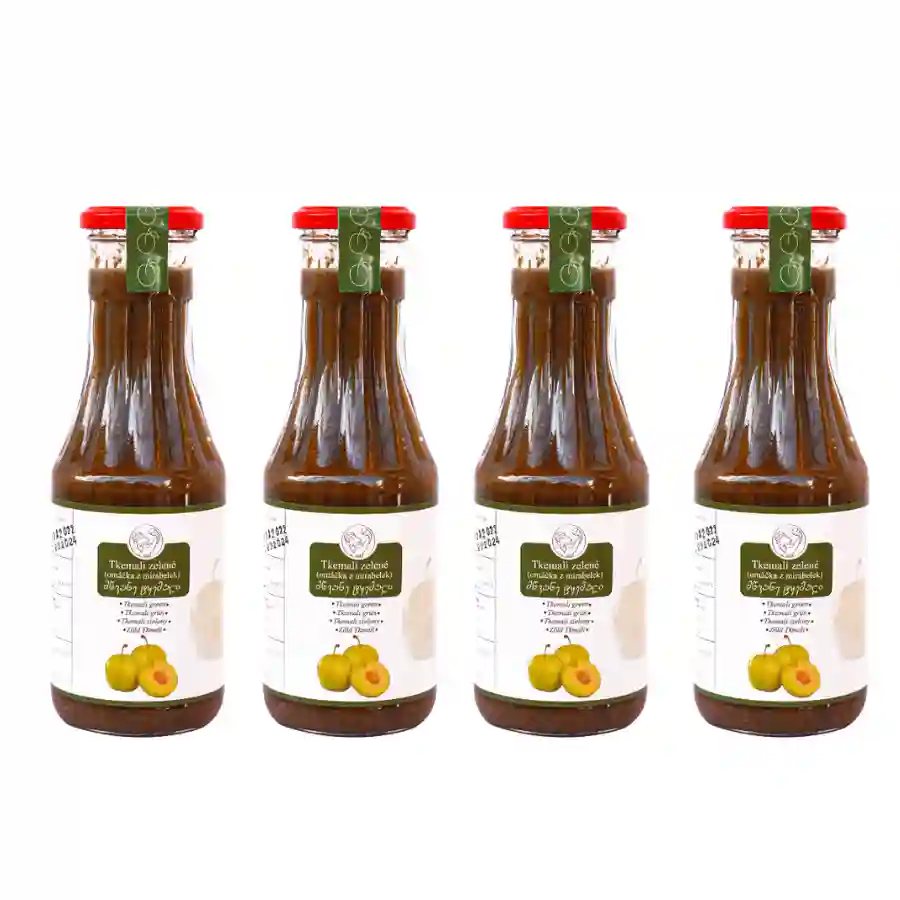 4x Grünes Tkemali – 370 ml Ein Set aus vier identischen Flaschen Grünem Tkemali – einer frischeren, merklich säuerlicheren Variante der traditionellen georgischen Pflaumensauce. 4x Grünes Tkemali – 370 ml